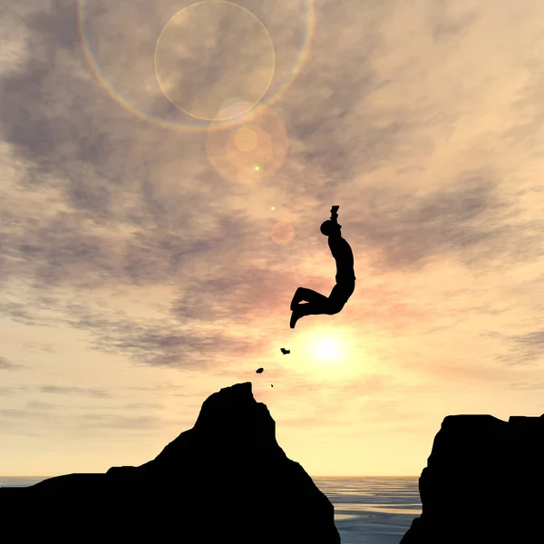 Концепция Молодого Человека Бизнесмена Силуэт Прыгать Счастливым Скалы Над Водой — стоковое фото