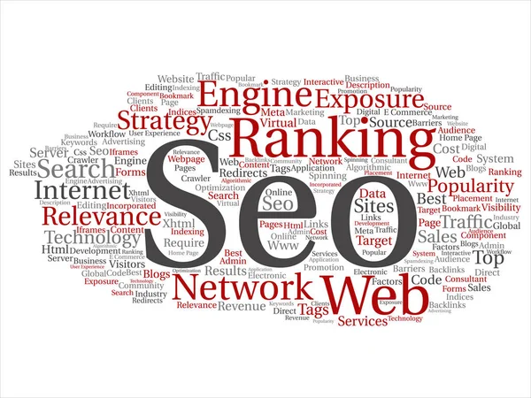 Conceptual search results engine optimization top rank, seo abstract online internet word cloud isolated on white background.