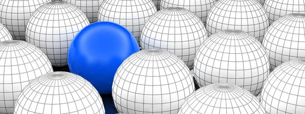 Concept or conceptual 3D wireframe group of spheres or balls with special different one standing out of crowd background