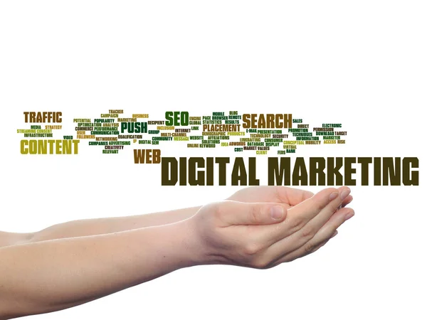 Concetto Concettuale Marketing Digitale Seo Traffico Astratto Parola Cloud Mano — Foto Stock