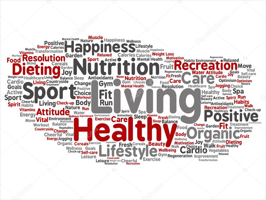 Concept or conceptual healthy living positive nutrition sport abstract word cloud isolated on white background.