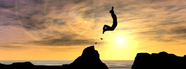 Genç adam veya işadamı siluet atlama mutlu konseptinden su gap gündoğumu veya günbatımı gökyüzü arka plan üzerinde tepeden