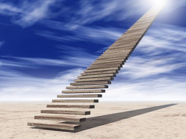 Kavram ya da kavramsal 3d merdiven cennete çölde bulutlu gökyüzü arka plan üzerinde adım