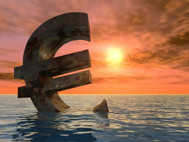 Kavramsal batan su, deniz ya da okyanus günbatımı geçmiş, kavram Avrupa kriz afiş için 3d para birimi euro simgesi.