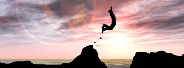 Genç adam veya işadamı siluet atlama mutlu konseptinden su gap gündoğumu veya günbatımı gökyüzü arka plan üzerinde tepeden