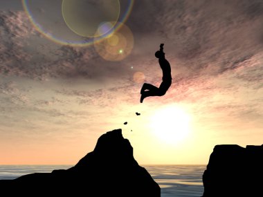 Genç adam veya işadamı siluet atlama mutlu konseptinden su gap gündoğumu veya günbatımı gökyüzü arka plan üzerinde tepeden