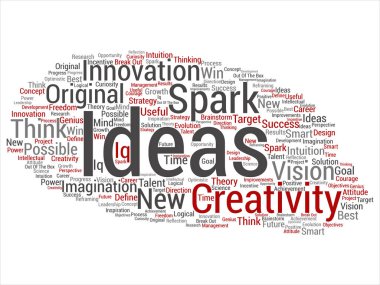 Kavram ya da soyut kelime beyin fırtınası kavramsal yaratıcı yeni bir fikir üzerinde izole beyaz arka plan bulut