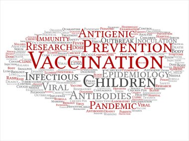 Kavram ya da beyaz arka plan üzerinde izole kavramsal çocuk aşı viral önleme soyut kelime bulutu