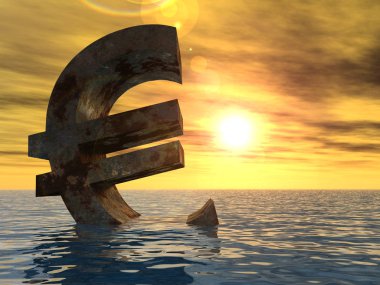 Kavramsal batan su, deniz ya da okyanus günbatımı geçmiş, kavram Avrupa kriz afiş için 3d para birimi euro simgesi.
