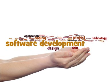 Kavram veya kavramsal yazılım geliştirme projesi kodlama teknolojisi soyut kelime bulut elinde beyaz arka plan izole