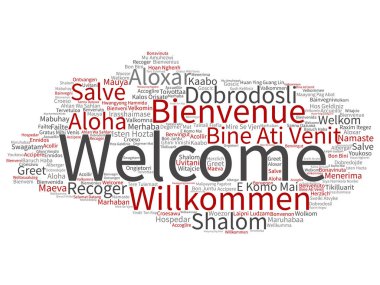 Farklı dillerde veya beyaz arka planda çok dilli izole edilmiş uluslararası sözcük bulutu kavram veya kavramsal soyut karşılama veya karşılama