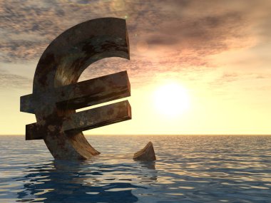 Kavramsal batan su, deniz ya da okyanus günbatımı geçmiş, kavram Avrupa kriz afiş için 3d para birimi euro simgesi.