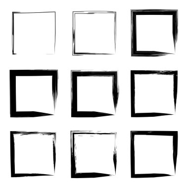 Beyaz arka plan üzerinde izole sanatsal siyah boya grungy fırça kare kare çerçeveler veya kenarlıklar koleksiyonu veya seti.