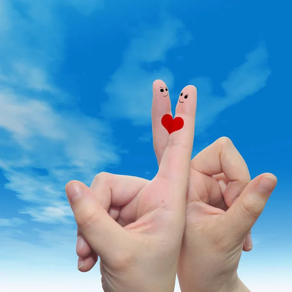 Concept Female Hands Two Fingers Painted Red Heart Cloudy Blue — Stock Photo, Image