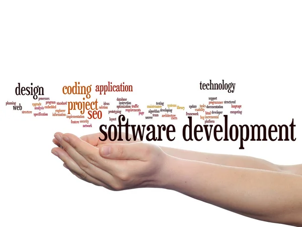 Concept Conceptuele Software Ontwikkeling Project Codeertechnologie Abstracte Word Cloud Handen — Stockfoto