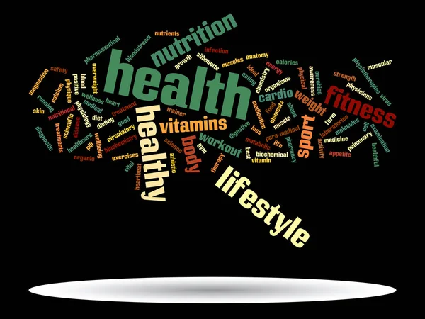 Έννοια Εννοιολογική Και Αφηρημένη Υγεία Διατροφή Άθλημα Σύννεφο Λέξεων Μαύρο — Φωτογραφία Αρχείου