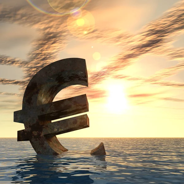 Conceptual Currency Euro Sign Sinking Water Sea Ocean Sunset Background — ストック写真