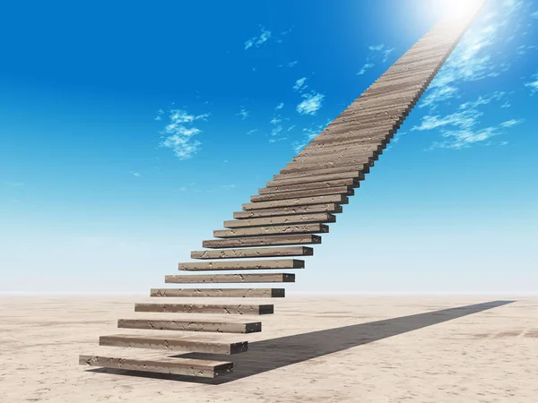 概念或概念3D 楼梯台阶在天空背景上的天空背景在沙漠与云彩 — 图库照片