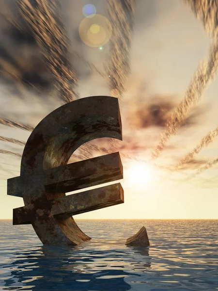 Conceptual Currency Euro Sign Sinking Water Sea Ocean Sunset Background — Stock Photo, Image