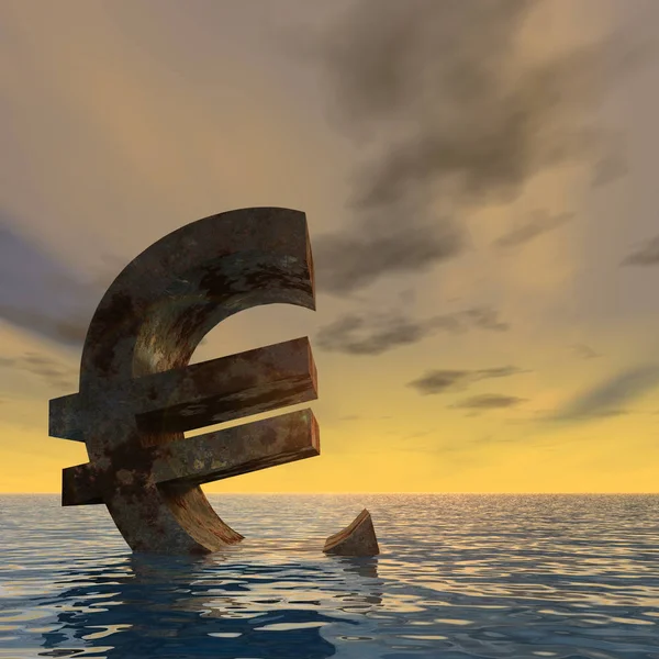 Kavramsal batan su, deniz ya da okyanus günbatımı geçmiş, kavram Avrupa kriz afiş için 3d para birimi euro simgesi.