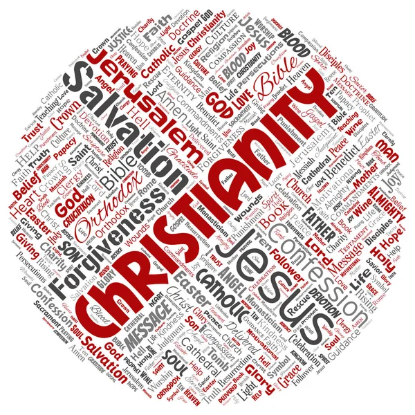 Kavramsal Hıristiyanlık, İsa, İncil, Ahit yuvarlak beyaz arka plan üzerinde izole kırmızı daire kelime bulutu