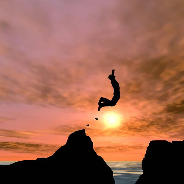 夕日や日の出空を背景に水ギャップの上の崖から若者やビジネスマンのシルエット ジャンプ幸せの概念 — ストック写真