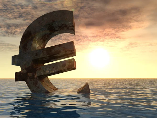 Kavramsal batan su, deniz ya da okyanus günbatımı geçmiş, kavram Avrupa kriz afiş için 3d para birimi euro simgesi.