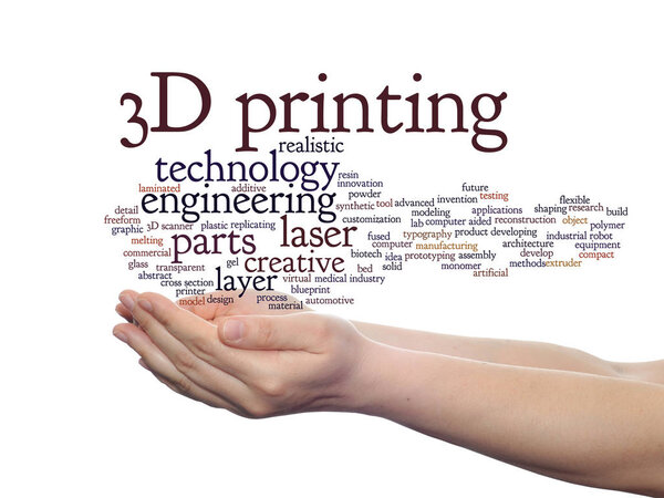 Concept or conceptual 3D printing creative laser technology abstract word cloud in hands isolated on white background