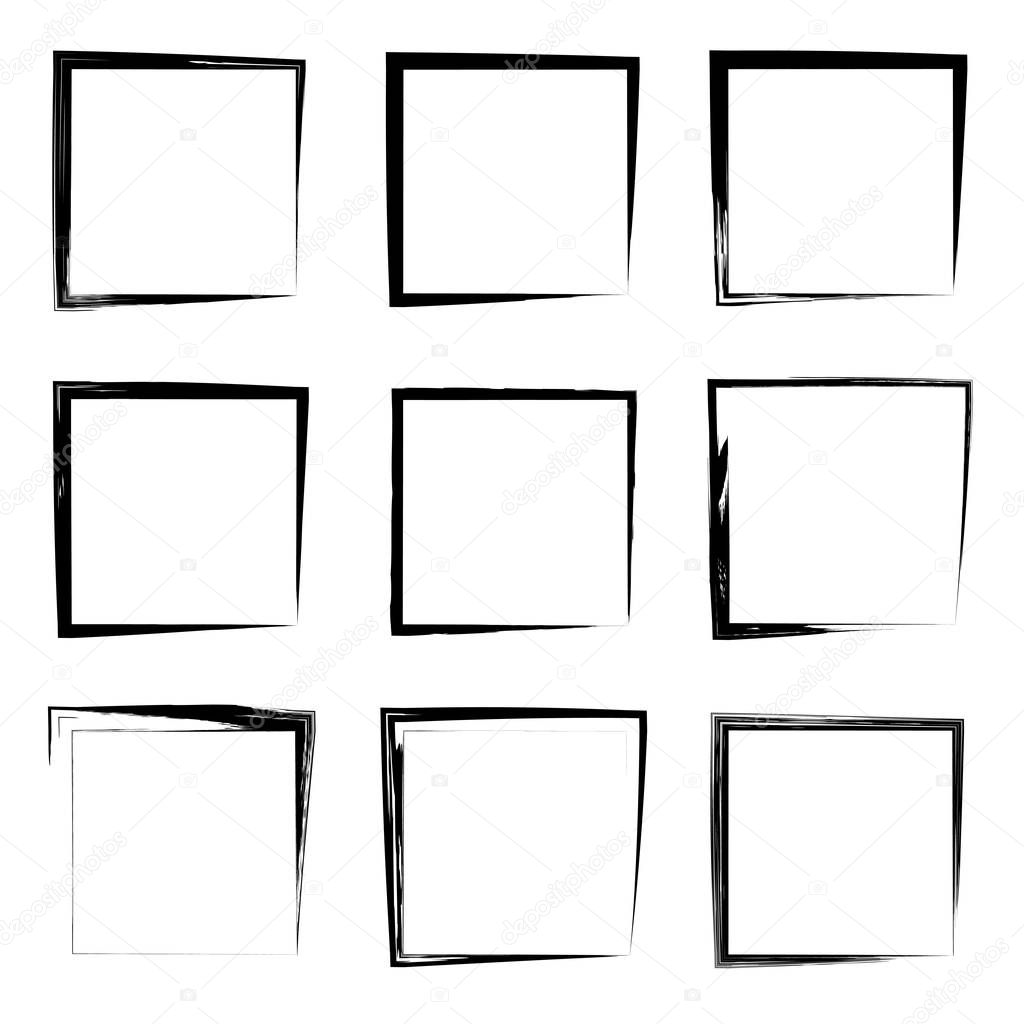 Collection or set of artistic black paint grungy brush square frames or borders isolated on white background.
