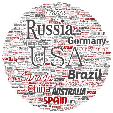 Vektör kavramsal dünya ülke ya da kıta yuvarlak daire kırmızı küresel birlik, tatil seyahat etmek sözcük izole üzerinde beyaz arka plan bulut