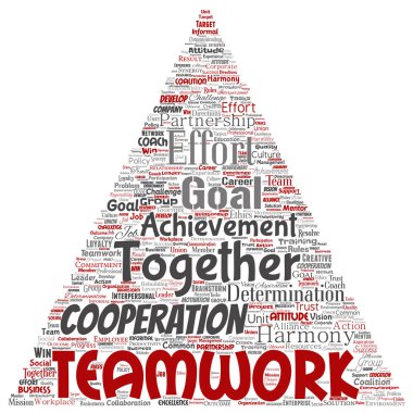 Vektör kavramsal ekip çalışması yönetimi üçgen kırmızı ok ortaklık fikir, beyaz arka plan üzerinde izole başarı hedefi kelime bulutu