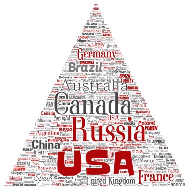 Vektör kavramsal dünya ülke ya da kıta üçgen kırmızı ok küresel birlik, beyaz arka plan üzerinde izole tatil seyahat kelime bulutu