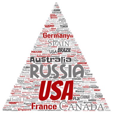 Vektör kavramsal dünya ülke ya da kıta üçgen kırmızı ok küresel birlik, beyaz arka plan üzerinde izole tatil seyahat kelime bulutu