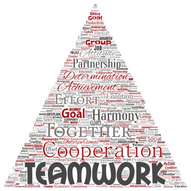 Vektör kavramsal ekip çalışması yönetimi üçgen kırmızı ok ortaklık fikir, beyaz arka plan üzerinde izole başarı hedefi kelime bulutu