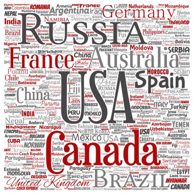 Vektör kavramsal dünya ülke ya da kıta kare kırmızı beyaz arka plan üzerinde genel birlik veya tatil seyahat kelime bulutun izole