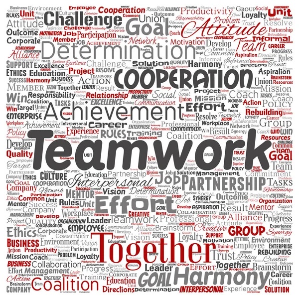 Beyaz arka plan üzerinde izole vektör kavramsal ekip çalışması yönetimi kare kırmızı ortaklık fikir veya başarı hedefi kelime bulutu