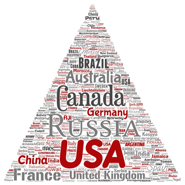 Vektör kavramsal dünya ülke ya da kıta üçgen kırmızı ok küresel birlik, beyaz arka plan üzerinde izole tatil seyahat kelime bulutu