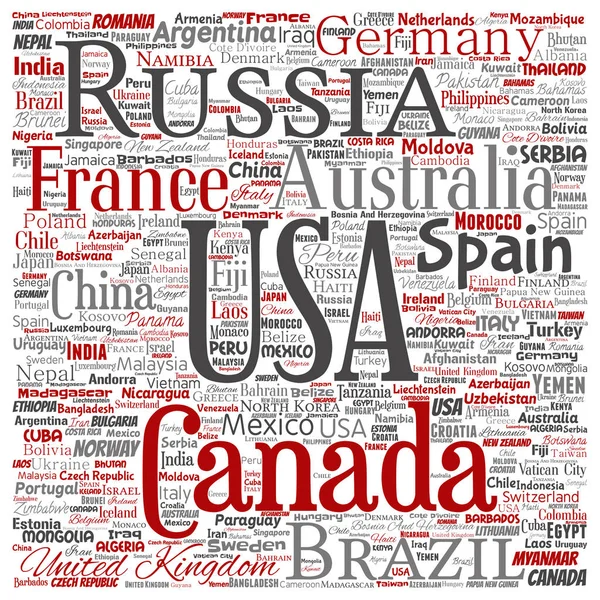 Vektör kavramsal dünya ülke ya da kıta kare kırmızı beyaz arka plan üzerinde genel birlik veya tatil seyahat kelime bulutun izole