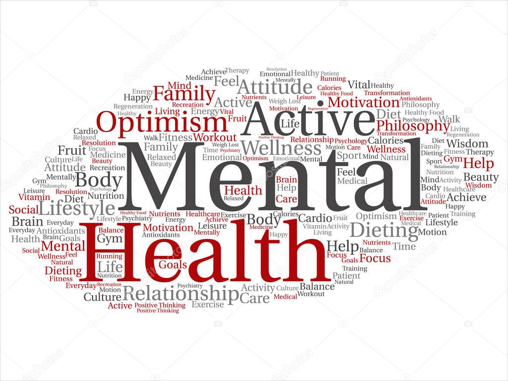 Vector concept or conceptual mental health or positive thinking abstract word cloud isolated on white background