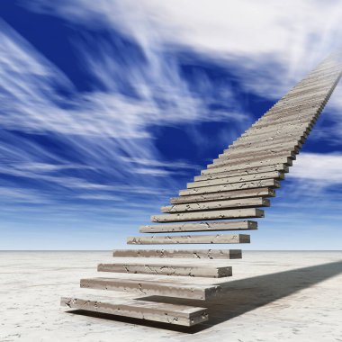 Çölde bulutlu gökyüzü arka plan üzerinde cennete kavramsal merdiven basamakları