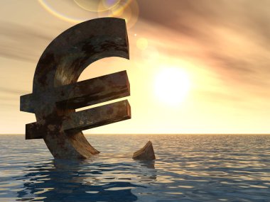 Euro simgesini veya Avrupa kriz için günbatımı arka plan kavramı üzerinde suda batan sembolü