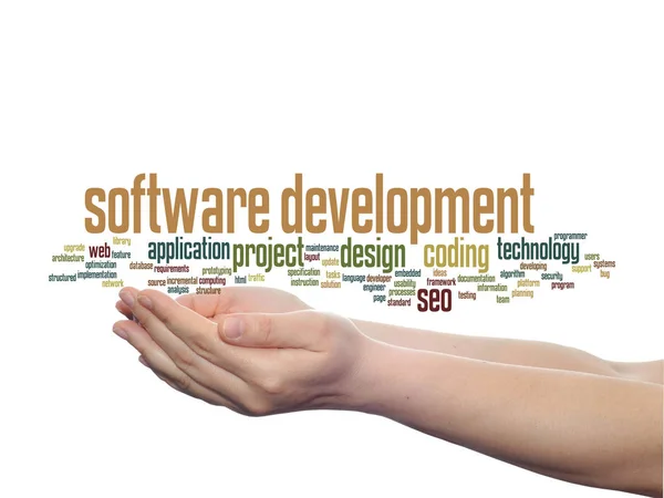 概念或概念软件开发项目编码技术抽象文字云在手隔离在白色背景 — 图库照片