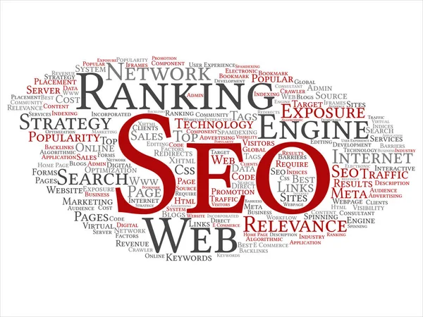 Conceptual search results engine optimization top rank, seo abstract online internet word cloud isolated on white background