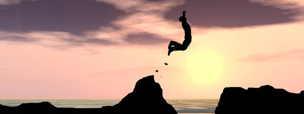 概念の若者やビジネスマンのシルエット ジャンプ幸せ水ギャップ日没や日の出の空の背景の上の崖から — ストック写真