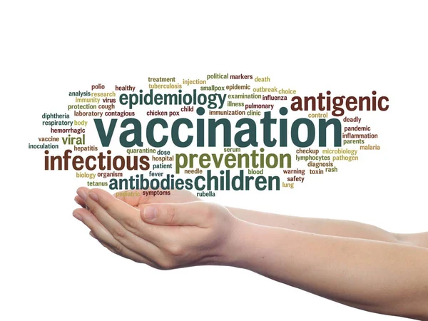Konzept Oder Konzeptionelle Kinderimpfung Oder Virusprävention Abstrakte Wortwolke Den Händen — Stockfoto