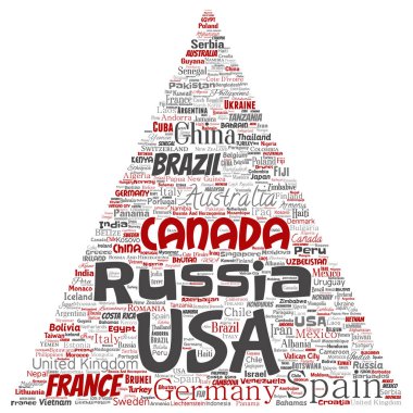 Vektör kavramsal dünya ülke ya da kıta üçgen kırmızı ok küresel birlik, tatil seyahat kelime bulutu