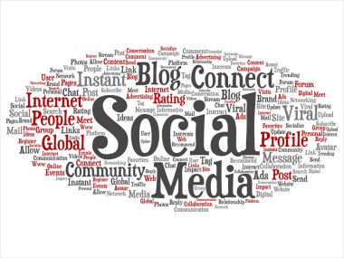 Kavramsal sosyal medya ağ veya arka plan üzerinde izole teknolojisi soyut kelime bulutu pazarlama iletişim. Bir tagcloud küresel topluluk dünya çapında genel kavram ya da reklam metafor için
