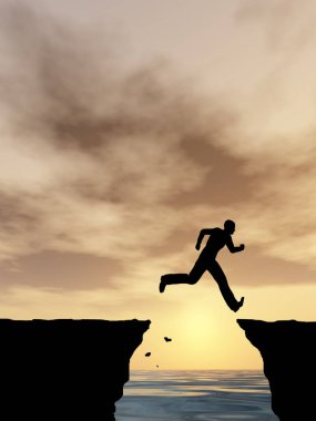 Kavram ya da kavramsal 3d resimde genç adam ya da işadamı siluet atlamak mutlu uçurumun üzerinden su gap gündoğumu veya günbatımı gökyüzü arka plan