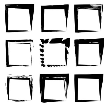 Koleksiyon veya sanatsal siyah boya el kümesi yaratıcı grungy fırça konturu kare kare veya beyaz arka plan üzerinde izole sınırları yaptı. Bir grunge eğitim kroki soyut yaratıcı mürekkep tasarım