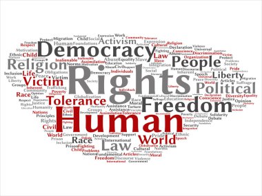 Kavram ya da kavramsal insan hakları siyasi özgürlük, demokrasi soyut kelime bulutu arka plan izole. İnsanlık dünya hoşgörü, hukuk ilkeleri, insanlar adalet ayrımcılık metin kolaj